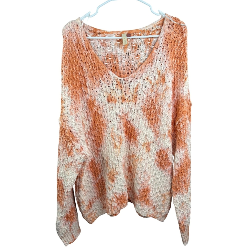 Pilcro Sweater Womens XL Orange White V Neck Open Knit Tie Dye Pullover Top - Picture 3 of 7